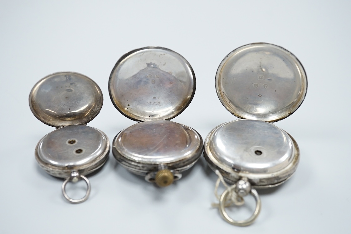 A late Victorian silver open faced pocket watch, by William Muir of Falkirk, with Roman dial and subsidiary seconds, together with an early 20th century silver pocket watch and a white metal fob watch.